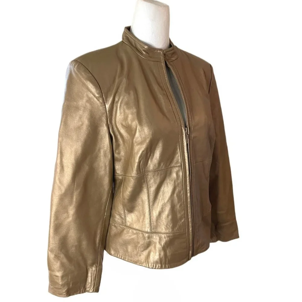 Yvonne Le Marie Gold Metallic Soft Lamb Leather Lined Jacket 3/4 Zip Size 6 - Picture 7 of 12